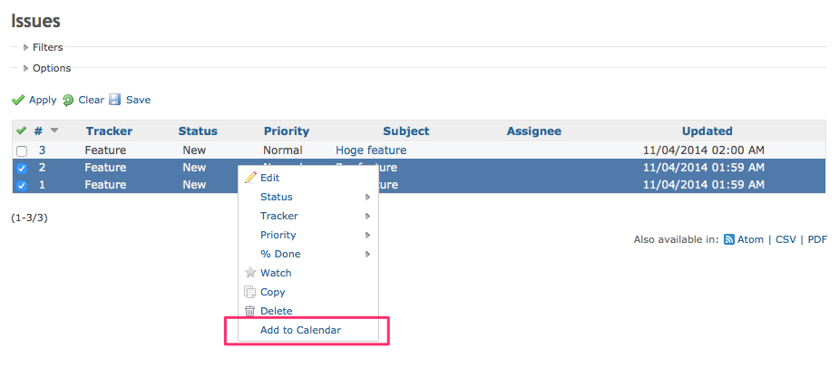 Click "Add to Calendar" button in context menu of issues