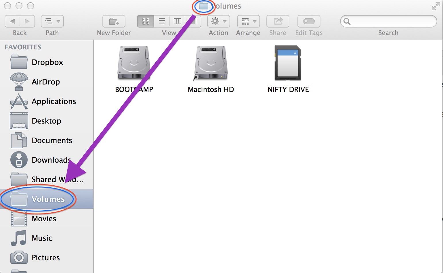 How to add the Volumes folder to your Favorites so that you can access it in the Spotlight settings