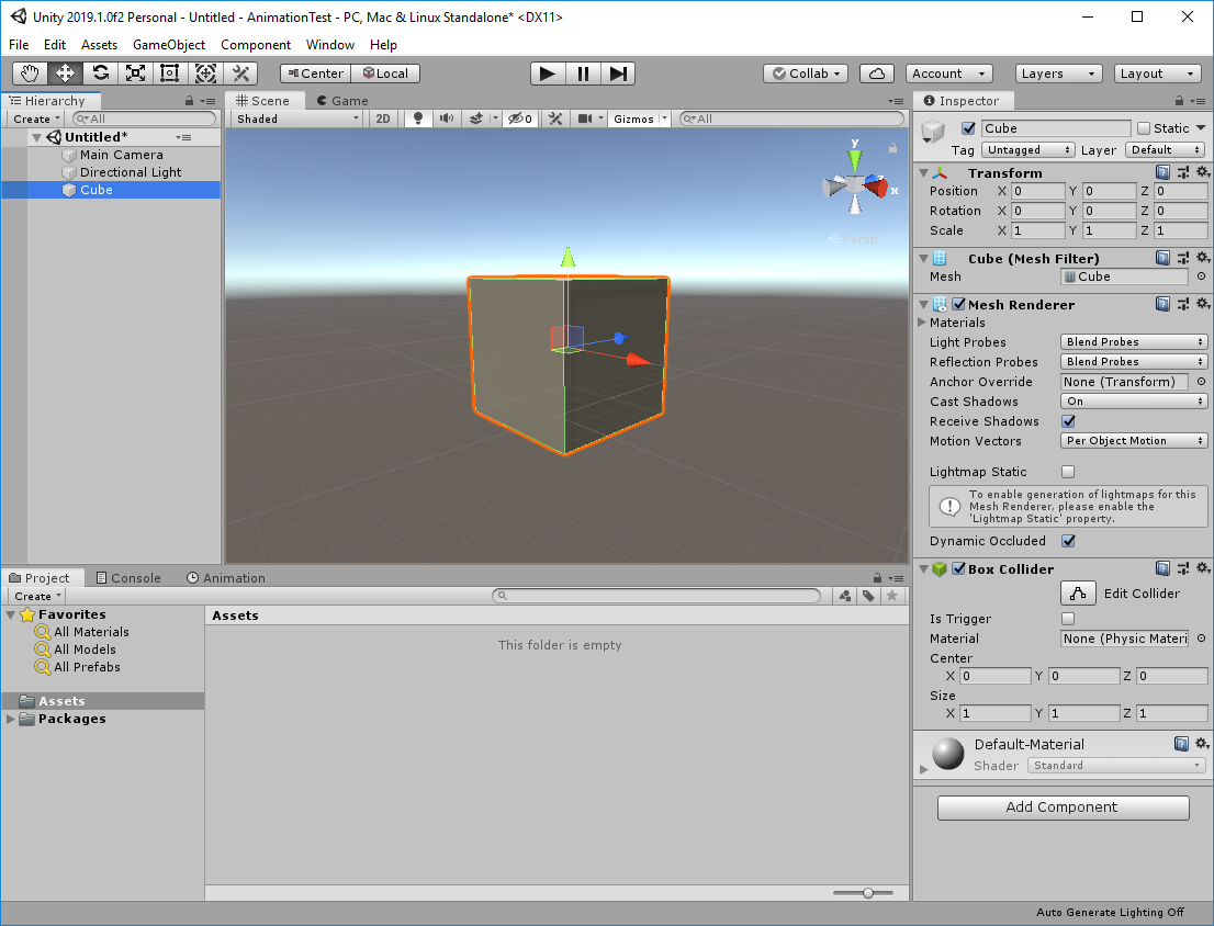 Unity Editor with a scene containing a cube